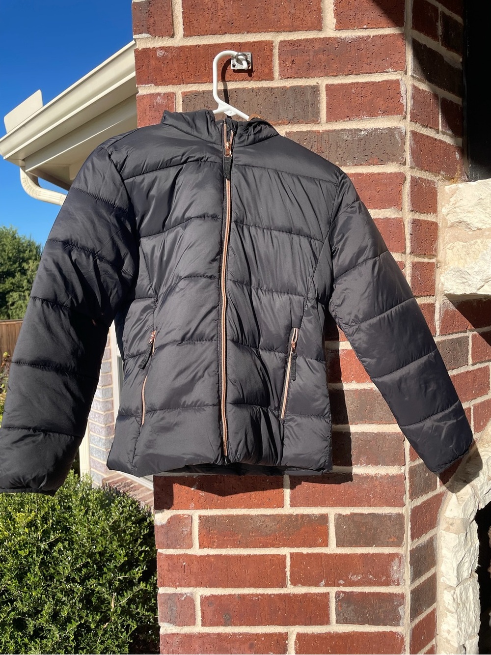 Kids Hooded Black Puffer Jacket with Rose Gold Zippers
